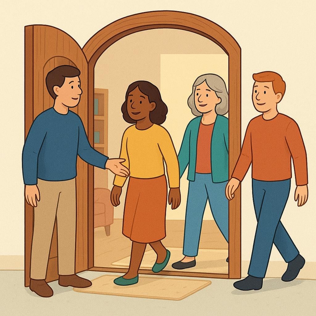 A well-dressed figure stands at an open doorway, formally extending a hand in a welcoming gesture, inviting three people who are stepping across the threshold to enter the room.