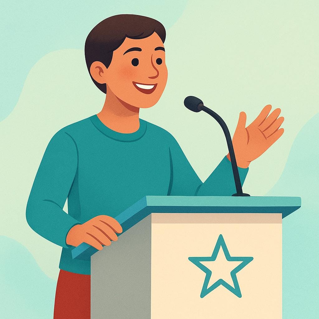 A friendly person smiling and speaking confidently into a microphone on a podium, acting as a spokesperson for an organization.