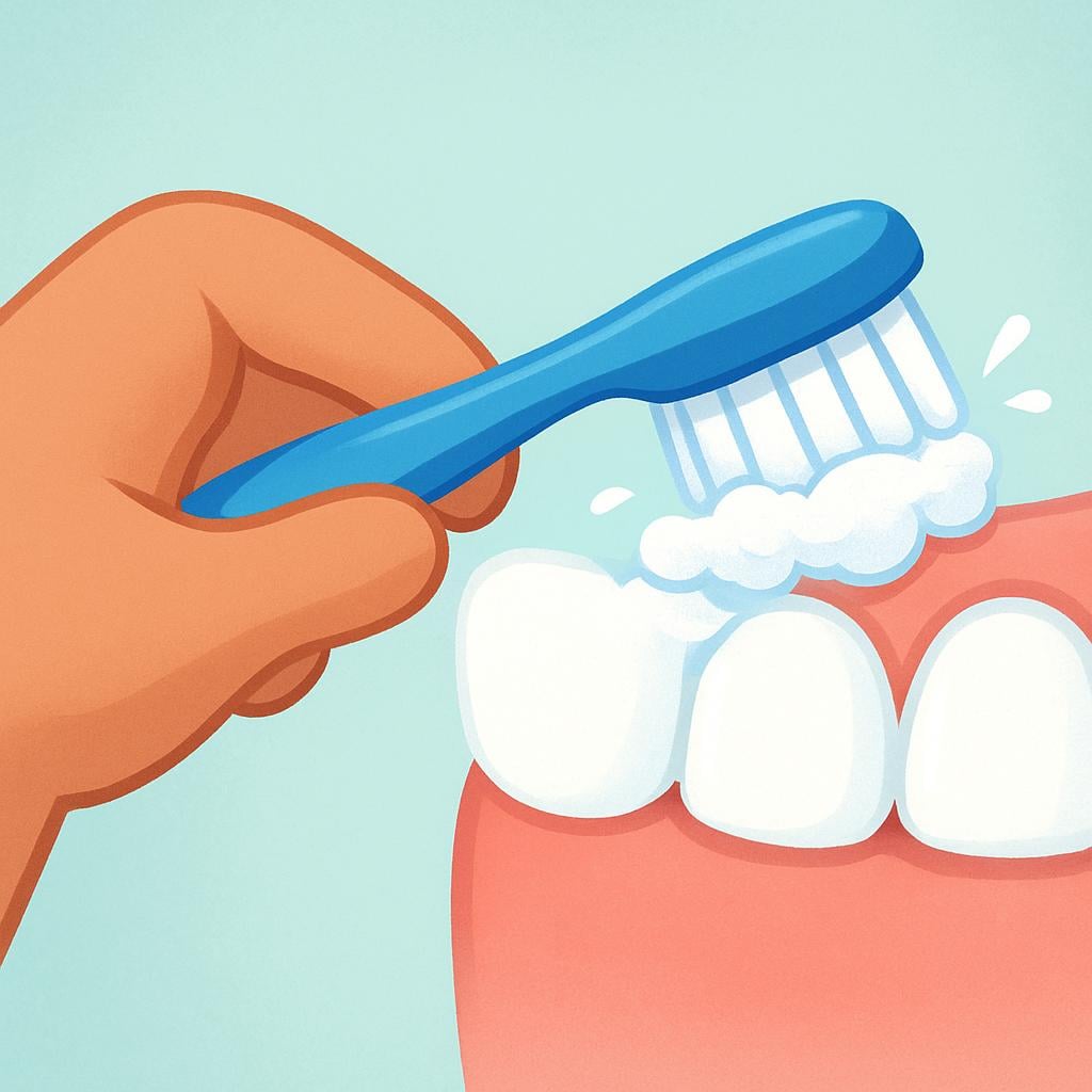 A close-up view of a hand holding a blue toothbrush and actively brushing teeth.