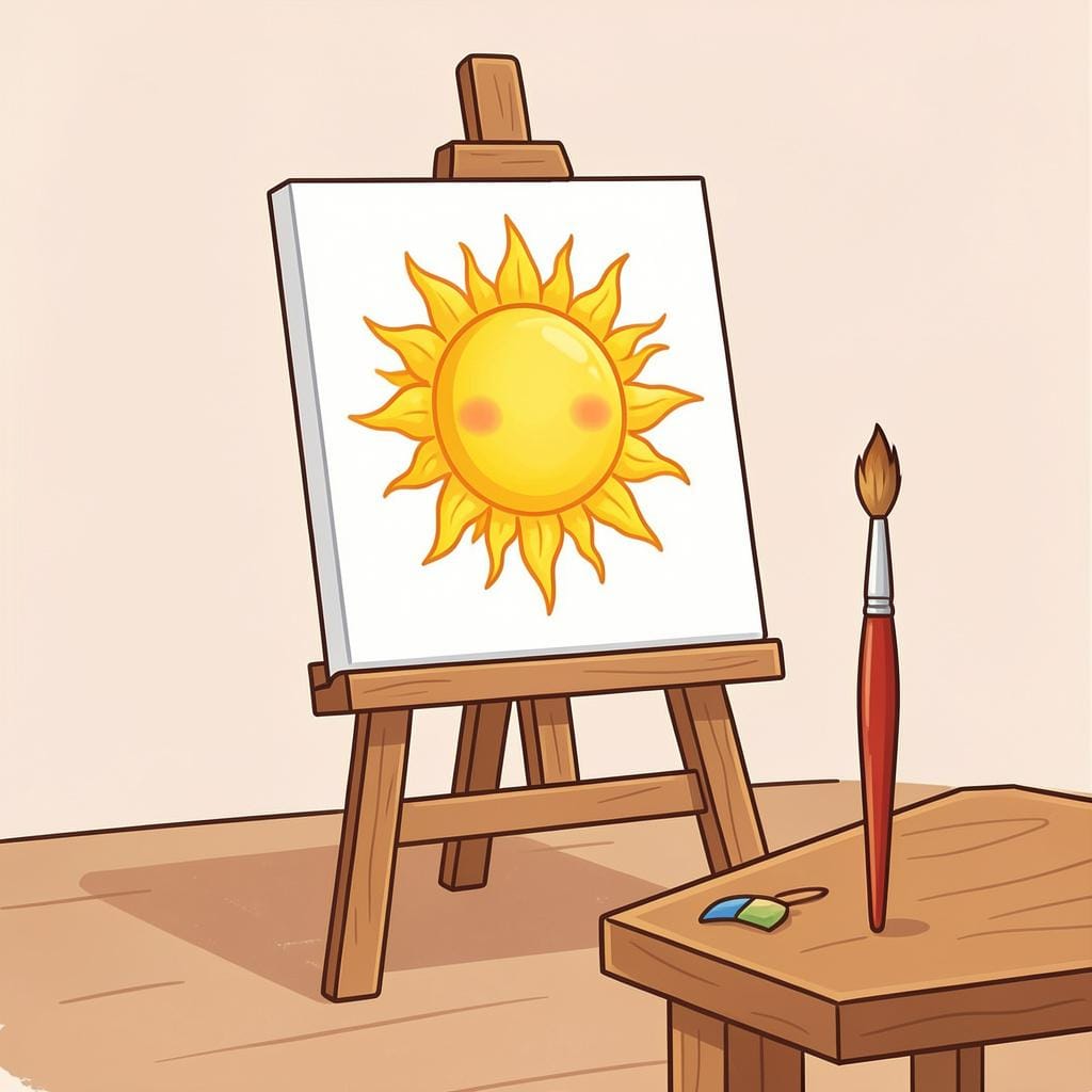 A completed painting on an easel with a paintbrush resting beside it.