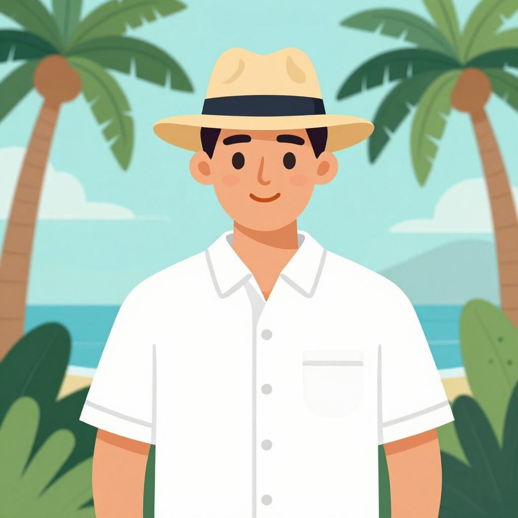 A man wearing a traditional white guayabera shirt and a straw hat, smiling.