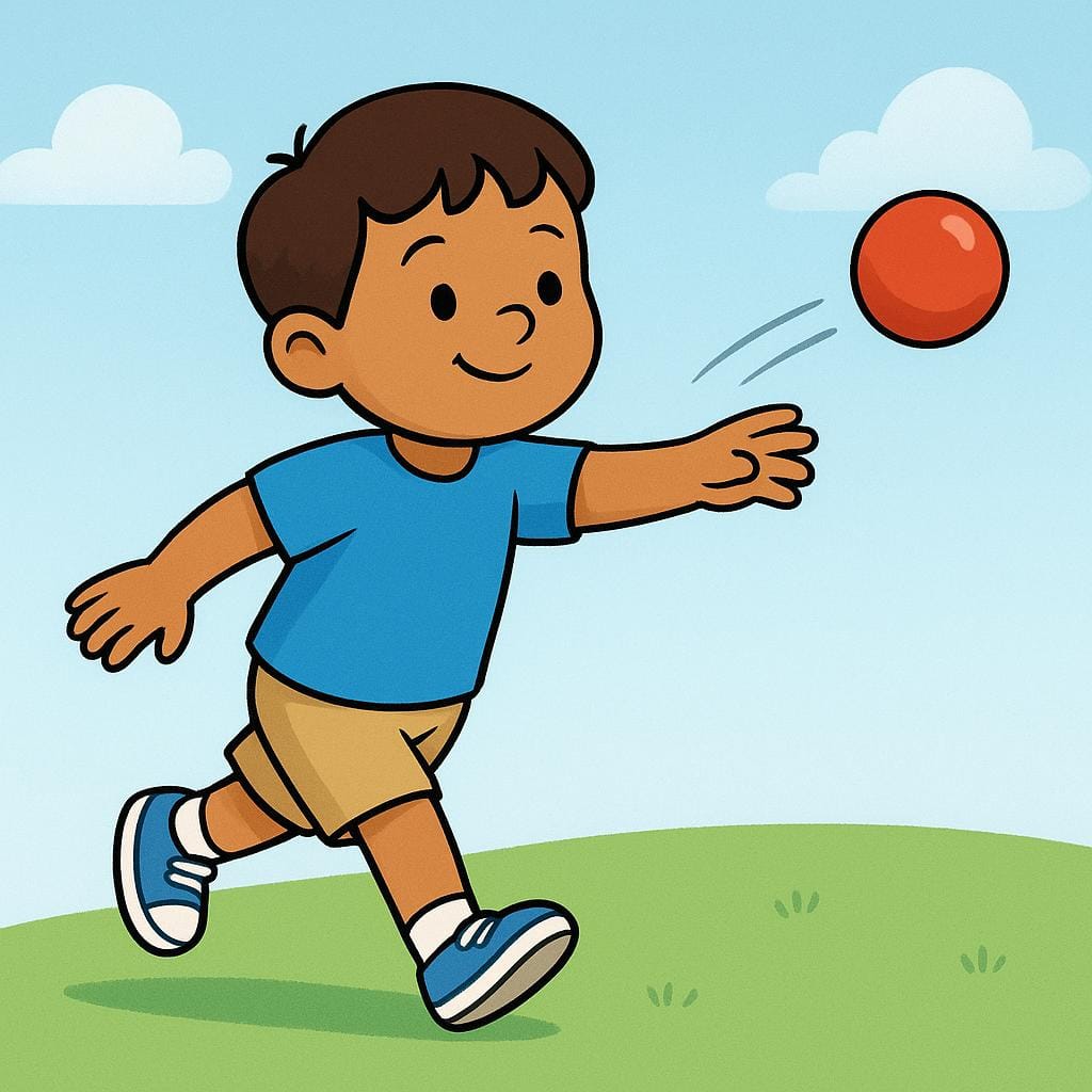 Ein Cartoon-Kind in einem blauen Hemd wirft aktiv einen leuchtend roten Ball hoch in die Luft vor einem einfachen Hintergrund.