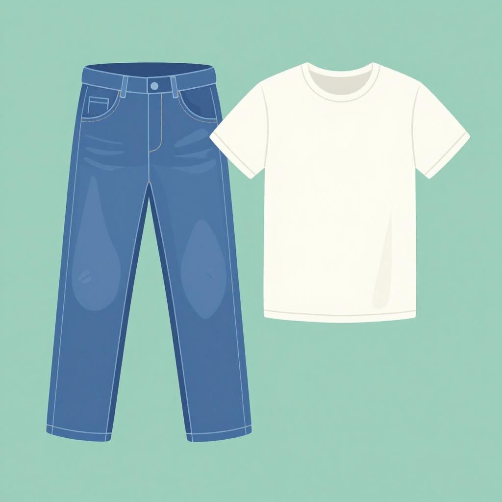 A pair of comfortable blue jeans and a simple white t-shirt folded neatly.