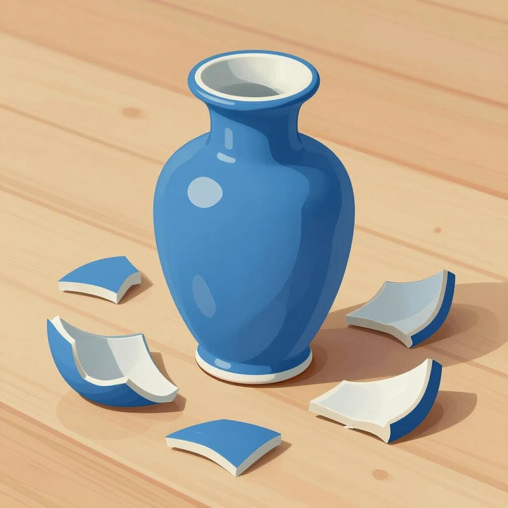 A shattered ceramic vase lying in pieces on a wooden floor.