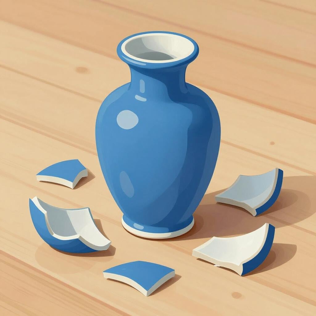 A shattered ceramic vase lying in pieces on a wooden floor.