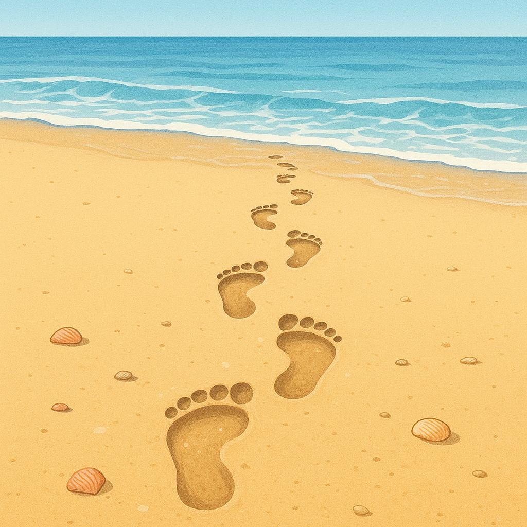 A line of deep human footprints impressed into smooth, wet sand on a beach leading toward the horizon.