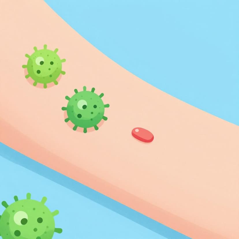 Een microscopische weergave van kleurrijke groene ziektekiemen nabij een kleine rode snee op de huid van een persoon.