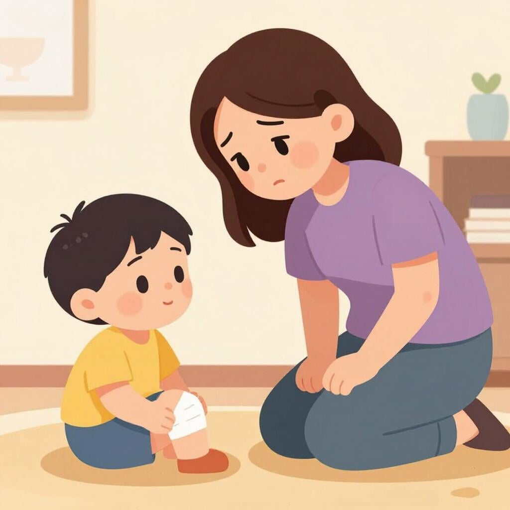 A concerned mother looking at a child who has a small bandage on their knee.