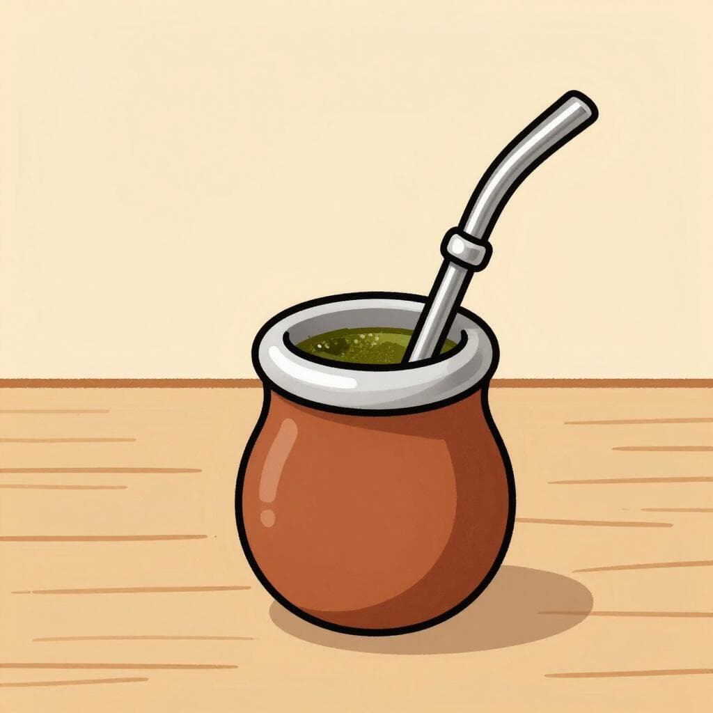 Una tradizionale tazza di mate con una cannuccia di metallo su un semplice tavolo di legno.