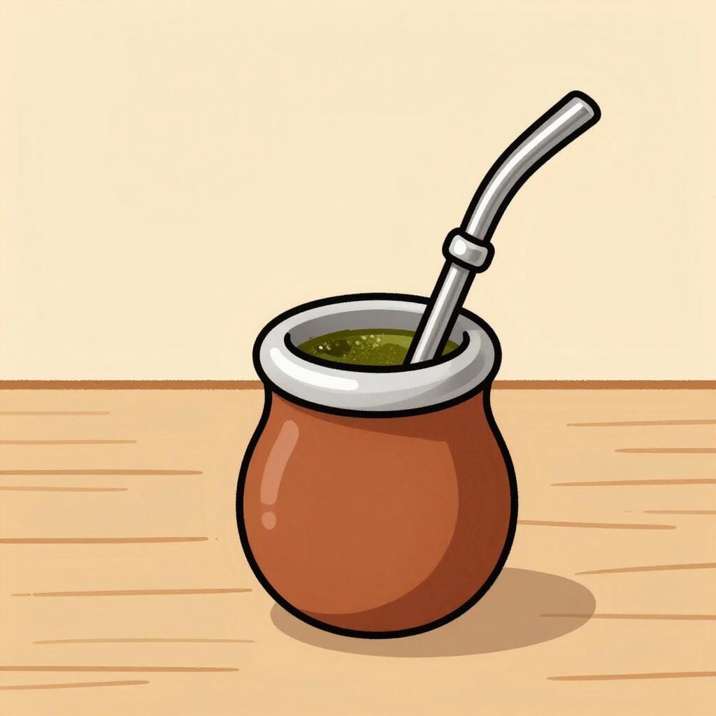 Een traditionele mate-kom met een metalen rietje op een eenvoudige houten tafel.