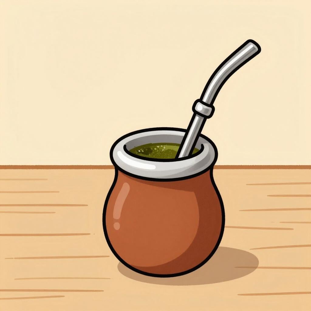 Una tradizionale tazza di mate con una cannuccia di metallo su un semplice tavolo di legno.