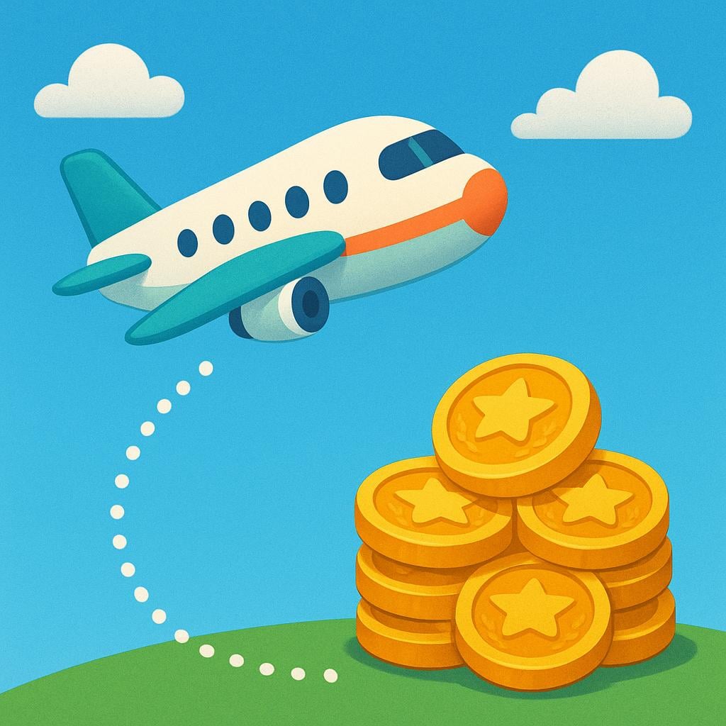 A storybook illustration showing a small passenger airplane flying across a blue sky, connected visually by a dotted line to a tall stack of golden reward tokens on the ground below, representing frequent flyer points.