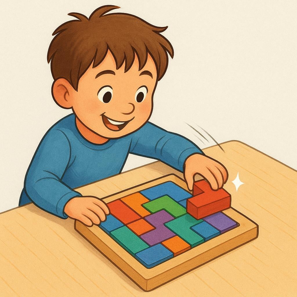 A smiling child quickly placing the final piece into a colorful wooden block puzzle, demonstrating cleverness and mental quickness.