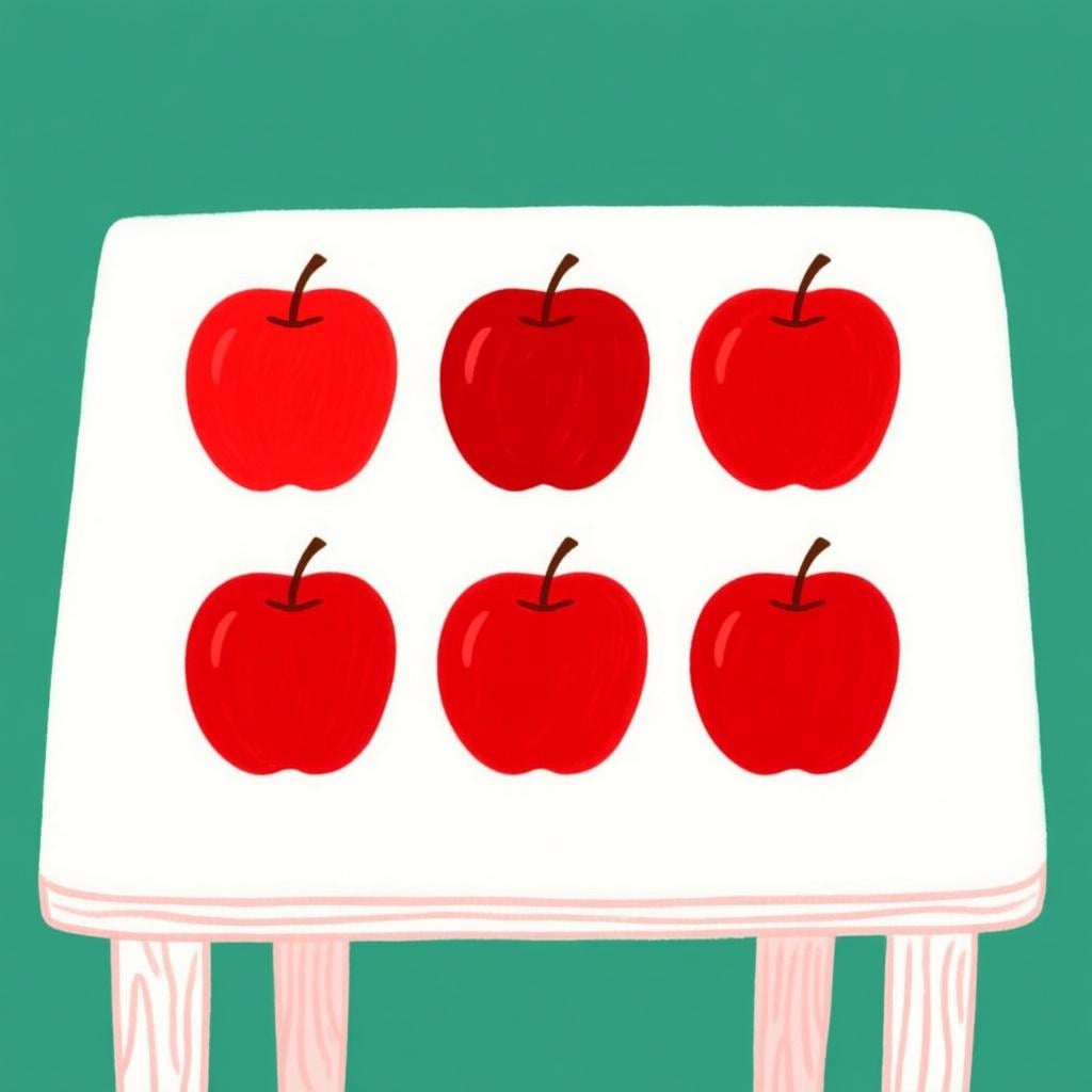 Six identical red apples arranged neatly in two equal groups of three, demonstrating the concept of evenness.
