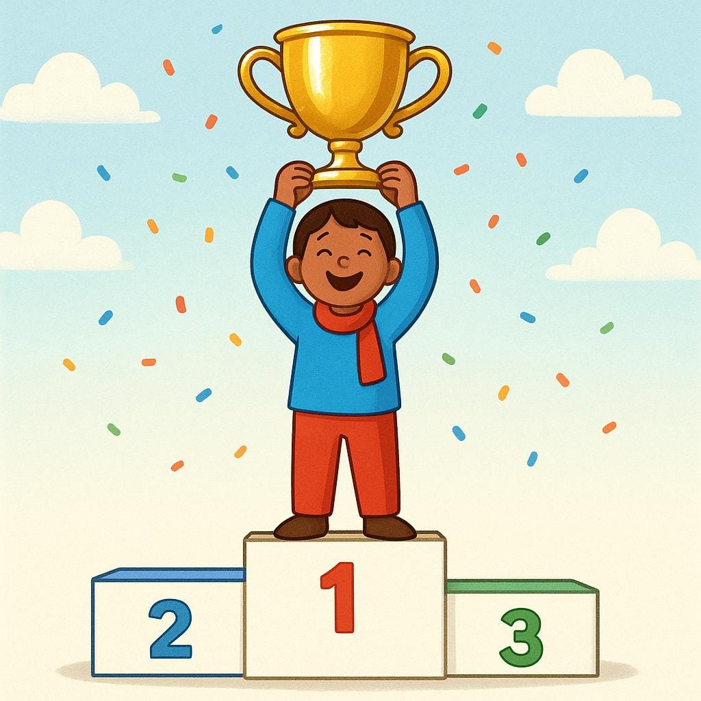 A smiling athlete standing on the top step of a victory podium holding a large gold trophy above their head.