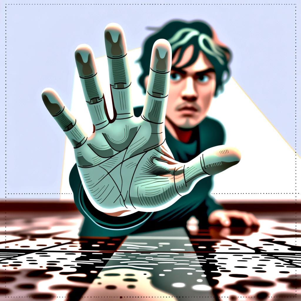 A close-up image of a person's hand sharply extended forward in a universal stop gesture, warning of immediate danger or caution.