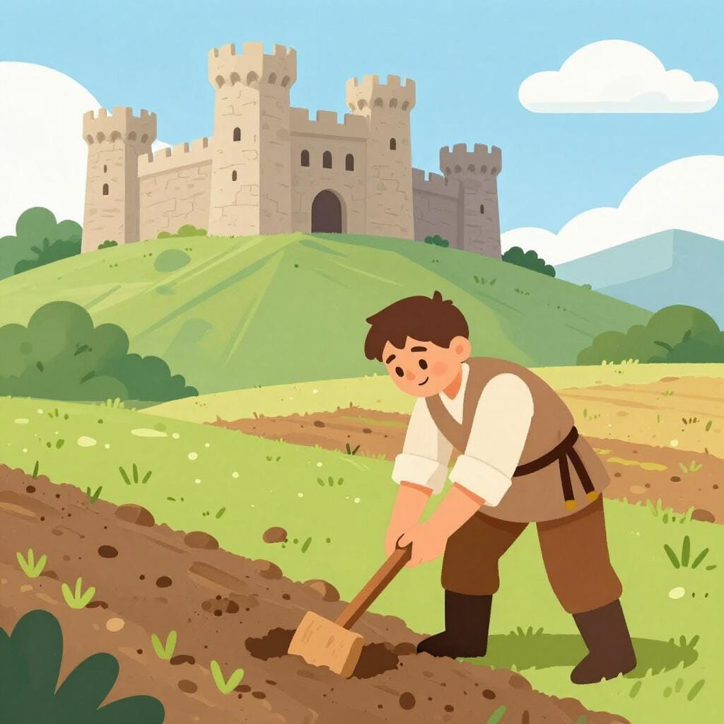 A humble historical worker in simple brown clothes tilling a small patch of earth with a wooden tool near a distant castle.