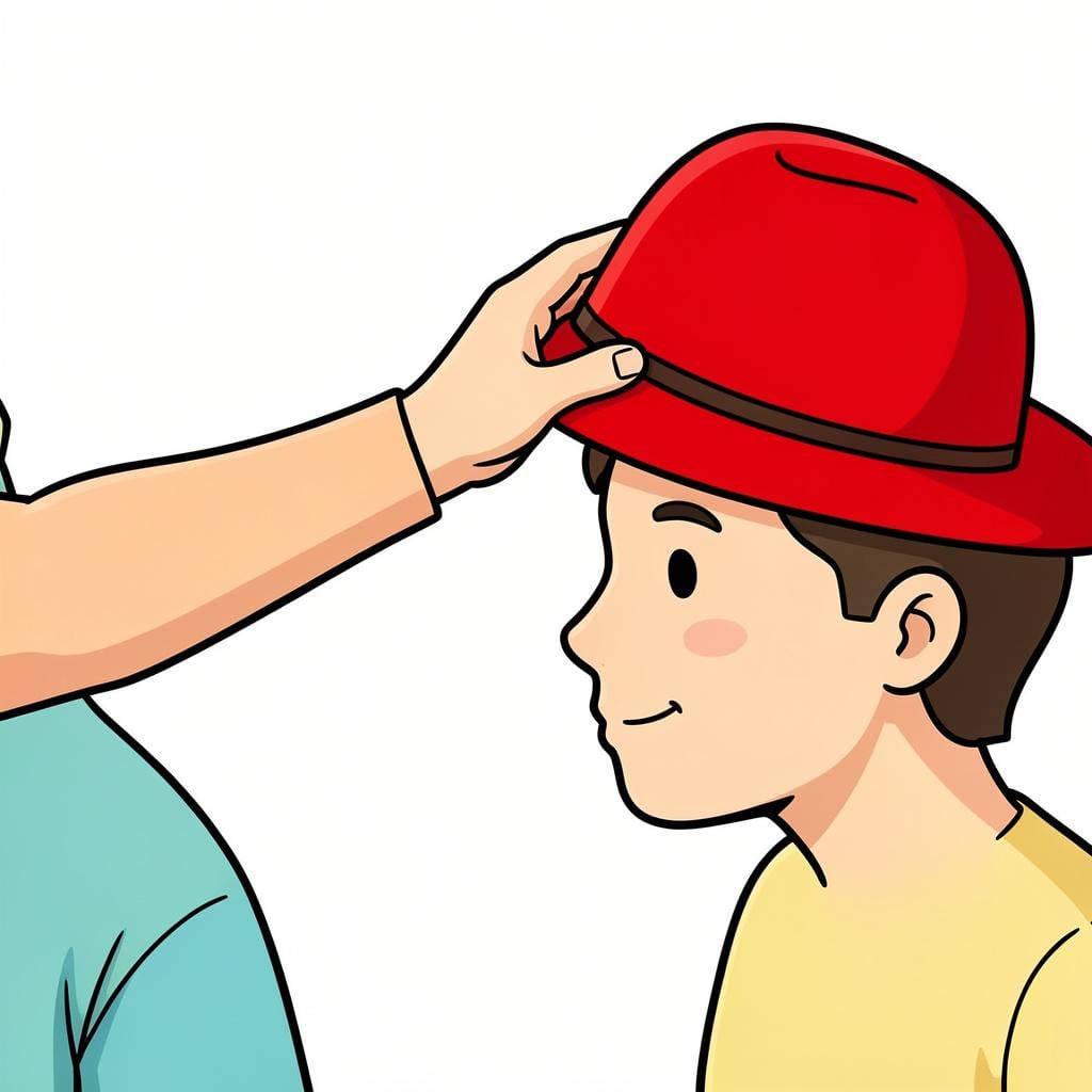 A person quickly grabbing a red hat from another person's head.