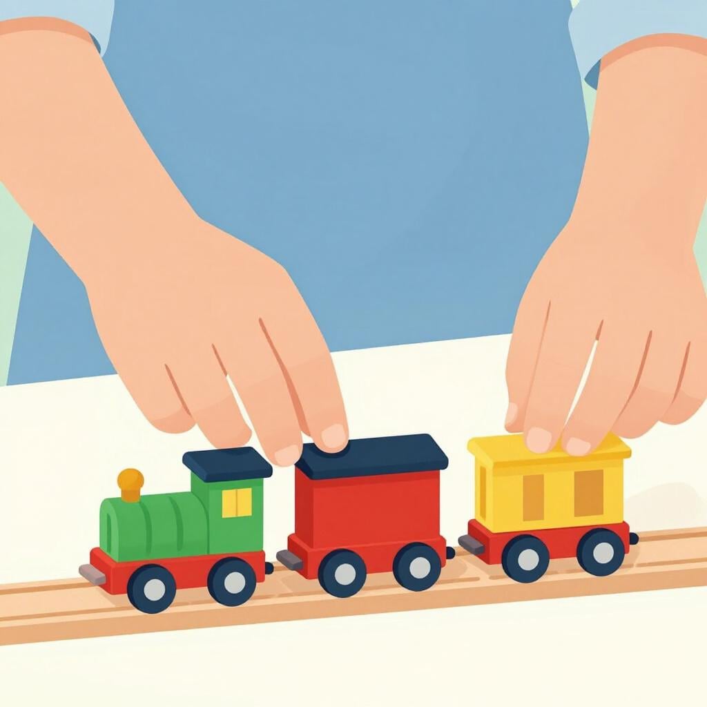 A pair of hands carefully assembling a small wooden toy.