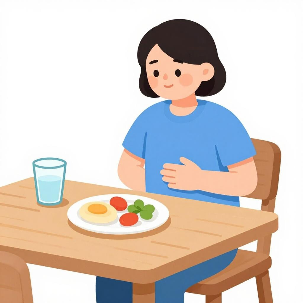 Een persoon die aan een tafel zit met een bord eten, er gelukkig en gezond uitzien.