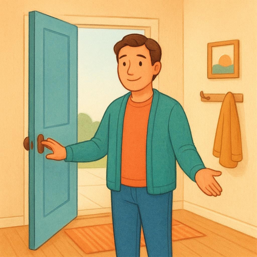 A friendly adult standing in a warmly lit hallway next to an open front door, looking outward with an air of anticipation for an arrival.