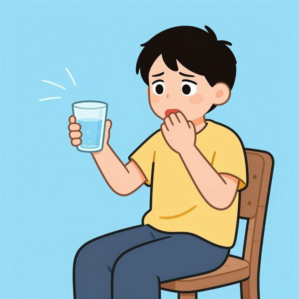 Uma pessoa sentada em uma cadeira com as mãos firmemente entrelaçadas, com uma expressão de olhos arregalados e ligeiramente preocupada.