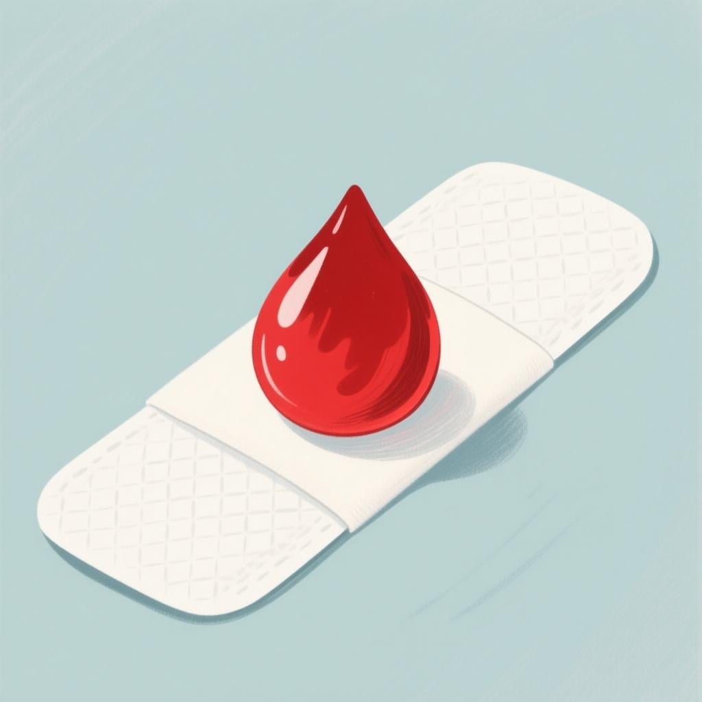 A single, bright red drop of blood resting on a clean white bandage, illustrating the physical liquid.