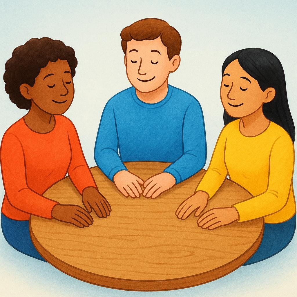 A group of people sitting around a wooden table, nodding and smiling in unison.