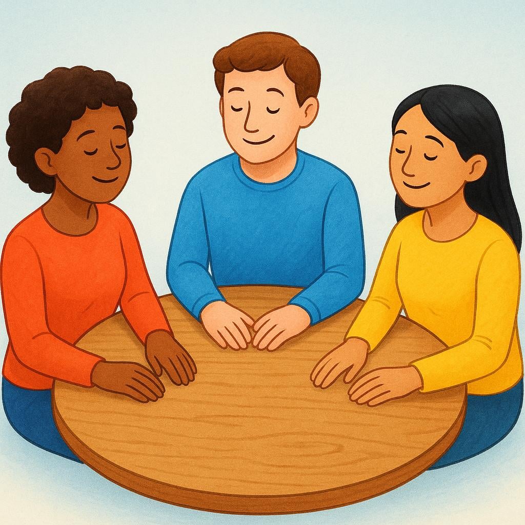 A group of people sitting around a wooden table, nodding and smiling in unison.