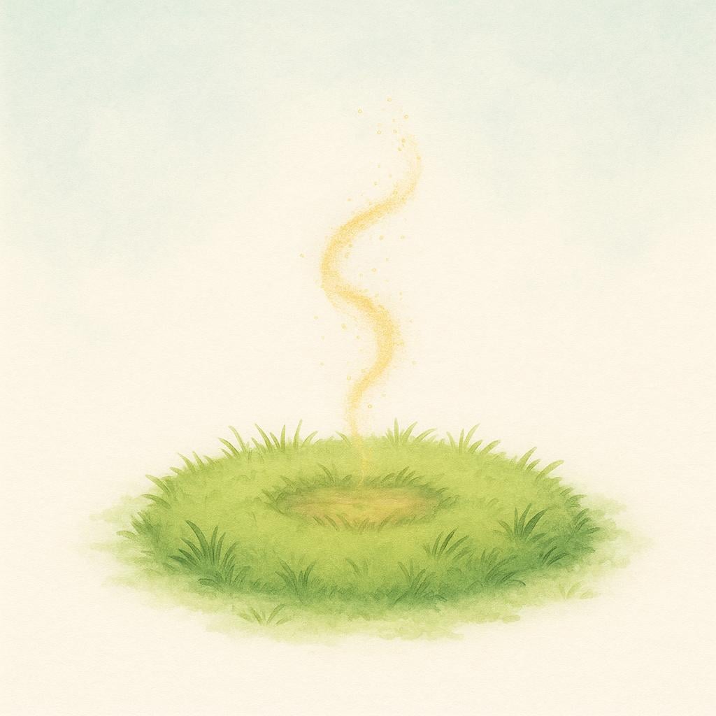 A close-up view of a patch of bright green grass. A small, swirling puff of golden dust rises from an empty spot, indicating that something has just vanished.