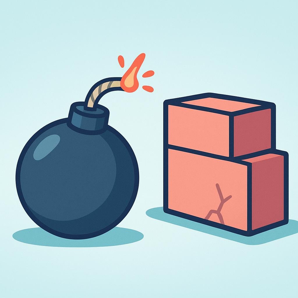 A simple drawing of a stylized cartoon bomb with a lit fuse next to a small, unassuming structure, symbolizing a violent or disruptive action.