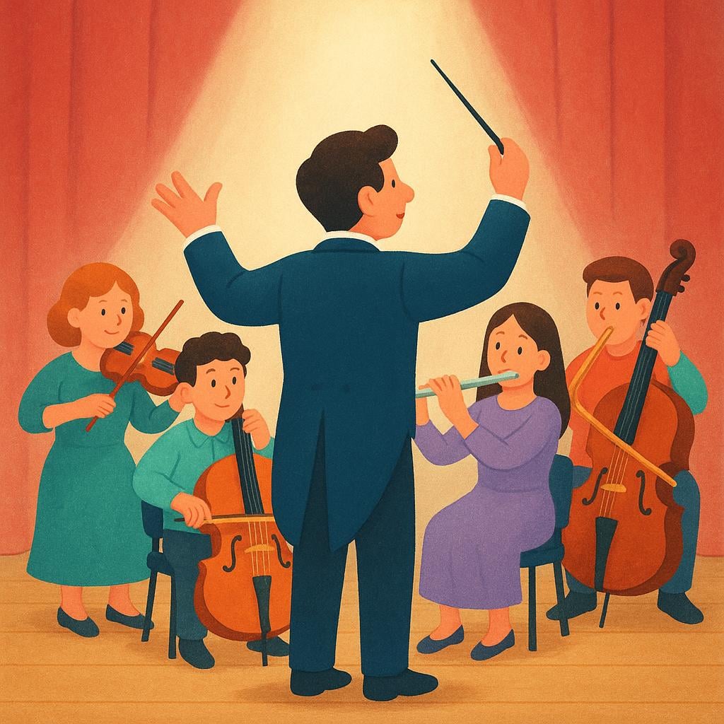 A person standing on a podium with a baton, waving their arms in front of a group of musicians with violins.
