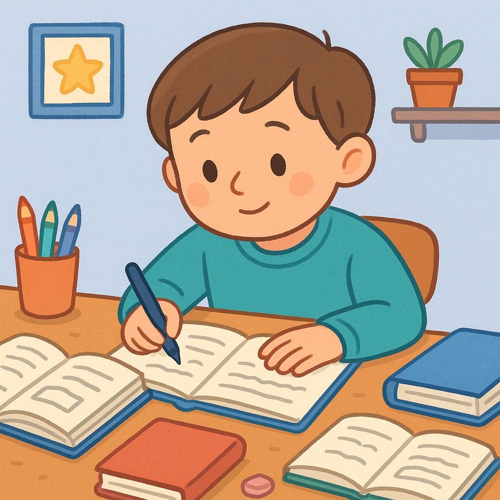 A smiling student sitting at a wooden desk covered in open textbooks and notebooks, holding a pencil, illustrating academic work.