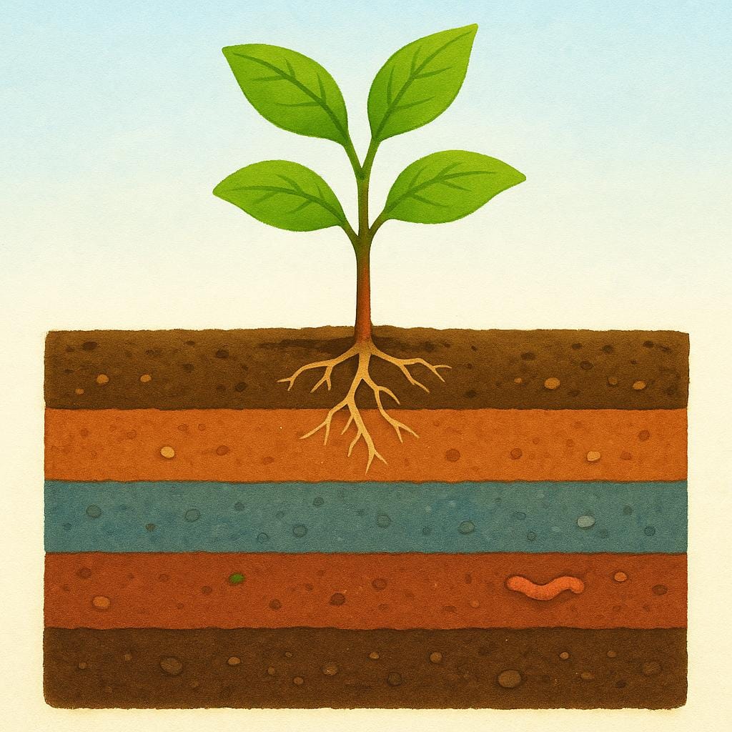 A small green sapling growing from layered soil, illustrating the concept of background or accumulated history.