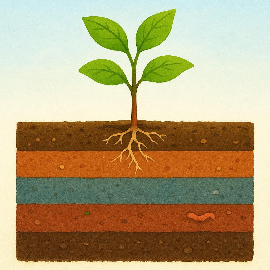 A small green sapling growing from layered soil, illustrating the concept of background or accumulated history.