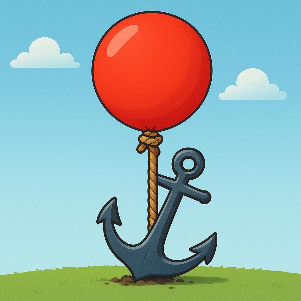A brightly colored red balloon floating slightly, tethered securely to a large, heavy grey anchor on the ground by a thick rope, symbolizing dependency.