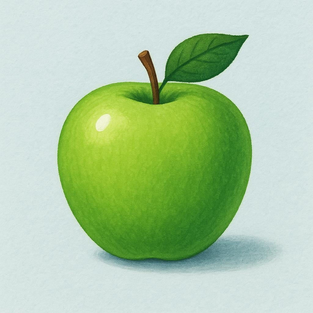 A bright green apple sitting on a white surface.