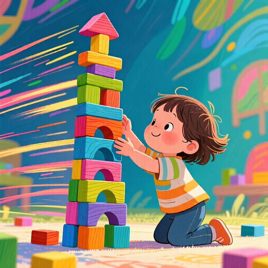 A small child quickly placing the final block on a very tall tower of colorful blocks.