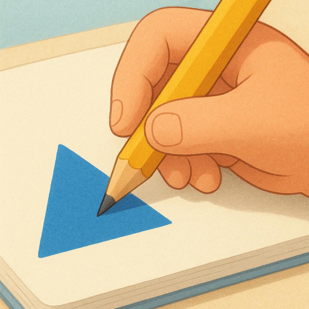 A colorful illustration of a hand drawing a simple geometric shape in an open notebook with a yellow pencil, symbolizing an academic exercise or problem.