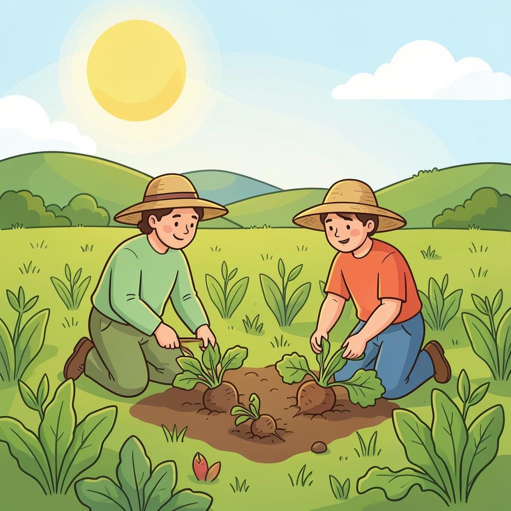 麦わら帽子をかぶった二人が、明るい太陽の下で野菜畑で働いている。