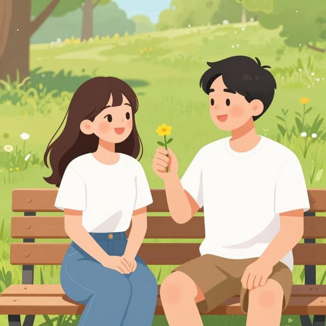 A man and a woman sitting on a park bench, smiling shyly and exchanging a small flower.