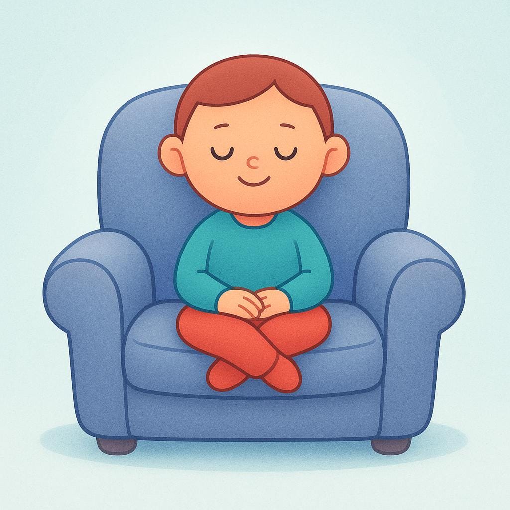 A simplified character sitting comfortably on a soft chair, smiling peacefully with their eyes closed, indicating deep contentment and satisfaction.