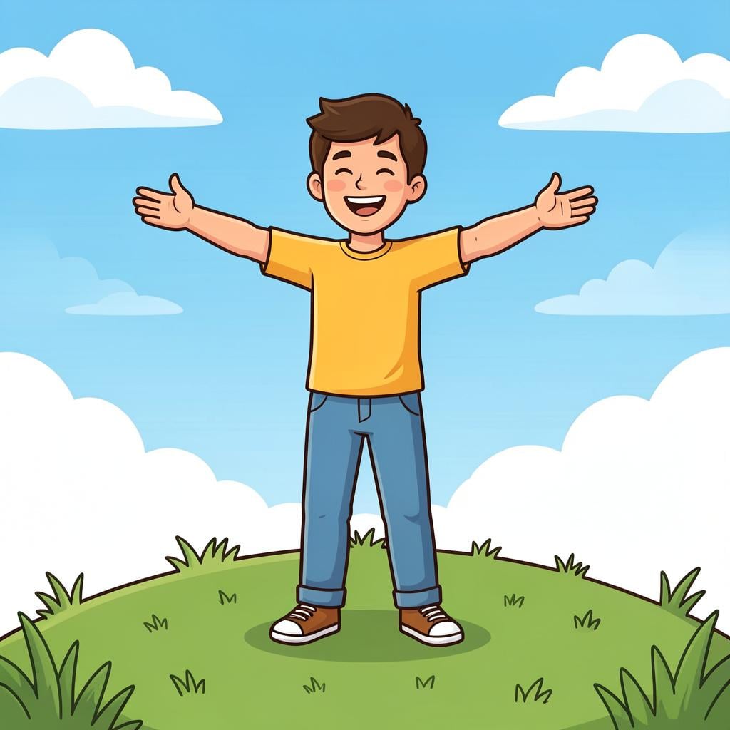 A happy person standing on top of a small hill with their arms raised in joy.