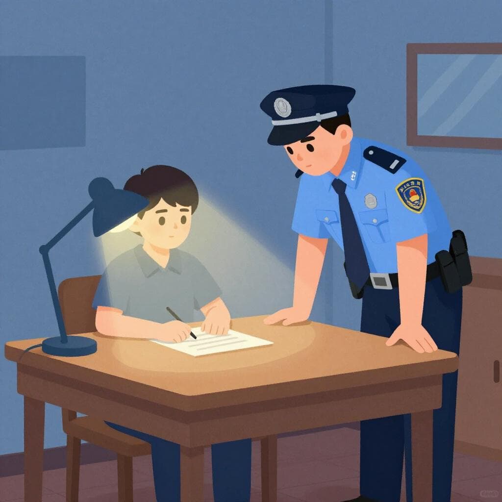 Ein Polizist in einem dunklen Raum spricht mit einer Person, die an einem Tisch unter einer einzelnen hellen Lampe sitzt.