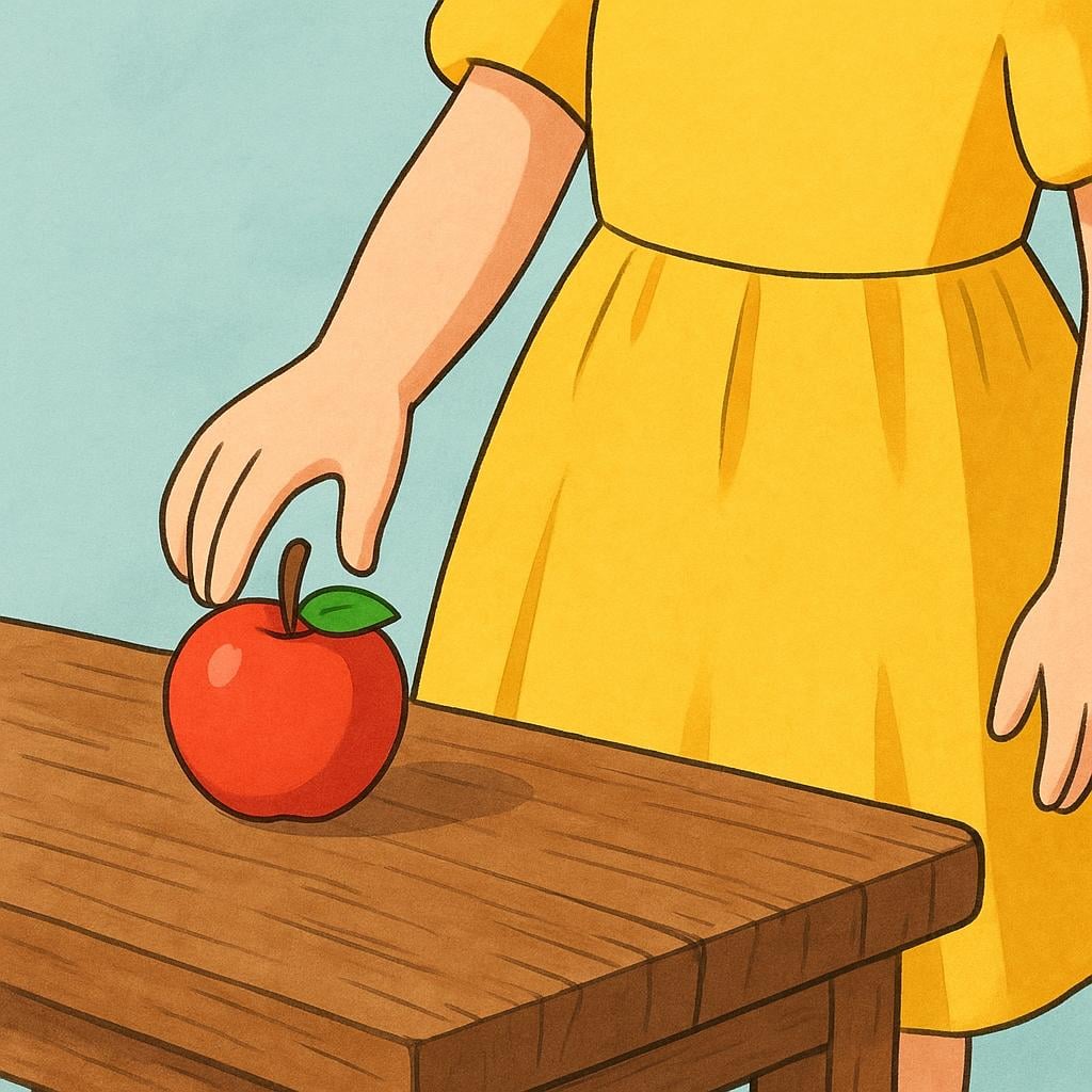 A girl gently placing a bright red apple onto a rustic wooden table, demonstrating the action of putting an object down.
