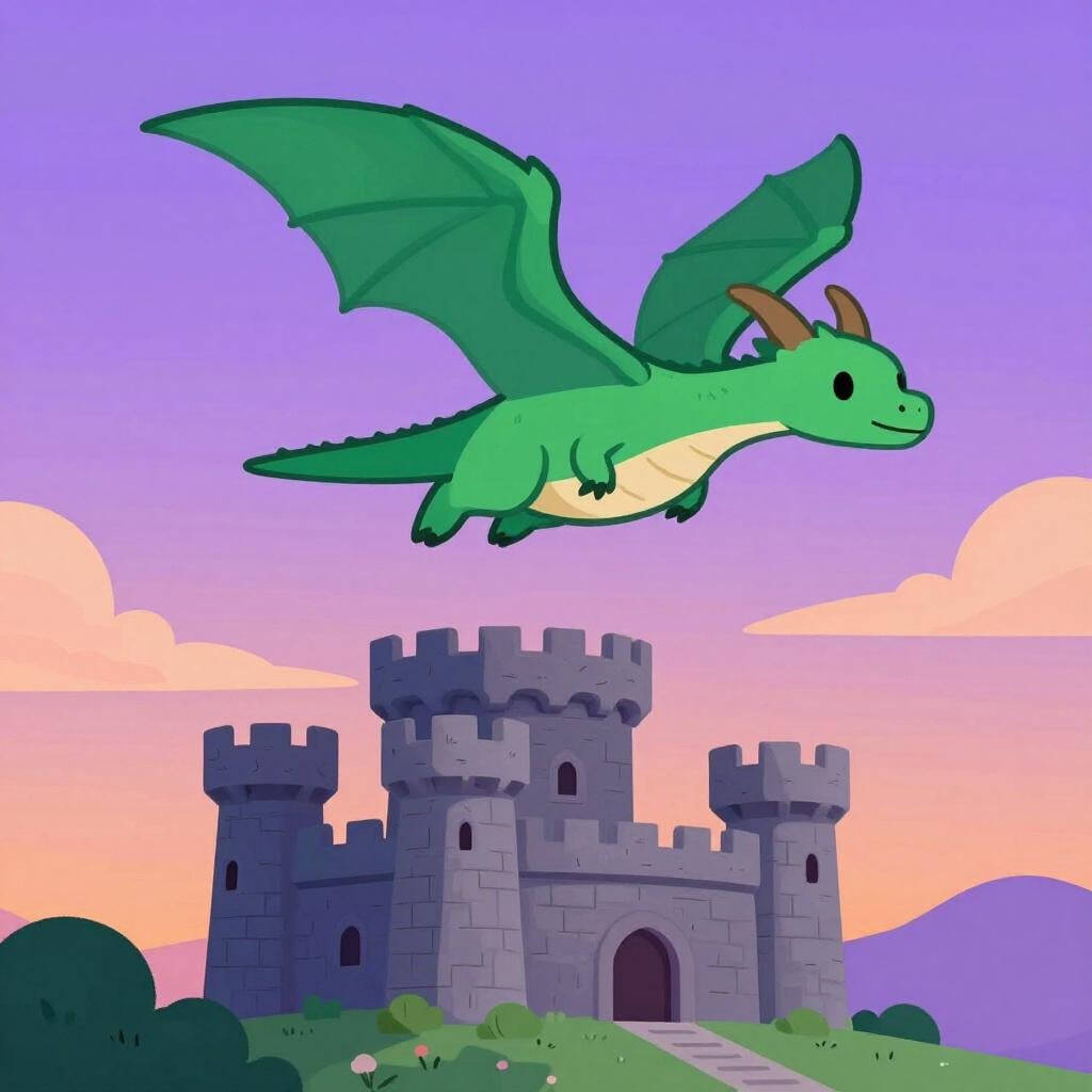 Une illustration colorée de livre d'histoires d'un dragon volant au-dessus d'un château avec un ciel violet.