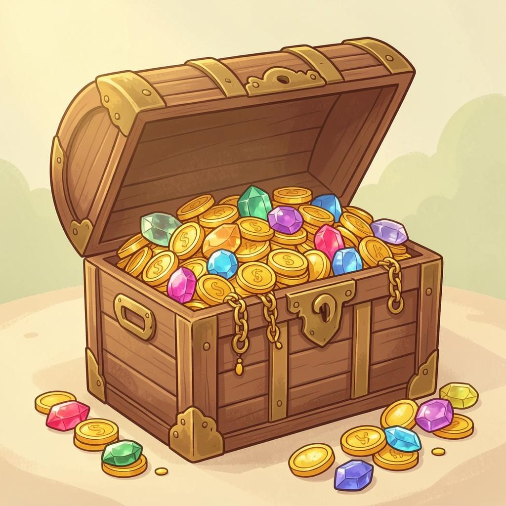A wooden treasure chest overflowing with gold coins and sparkling jewels.