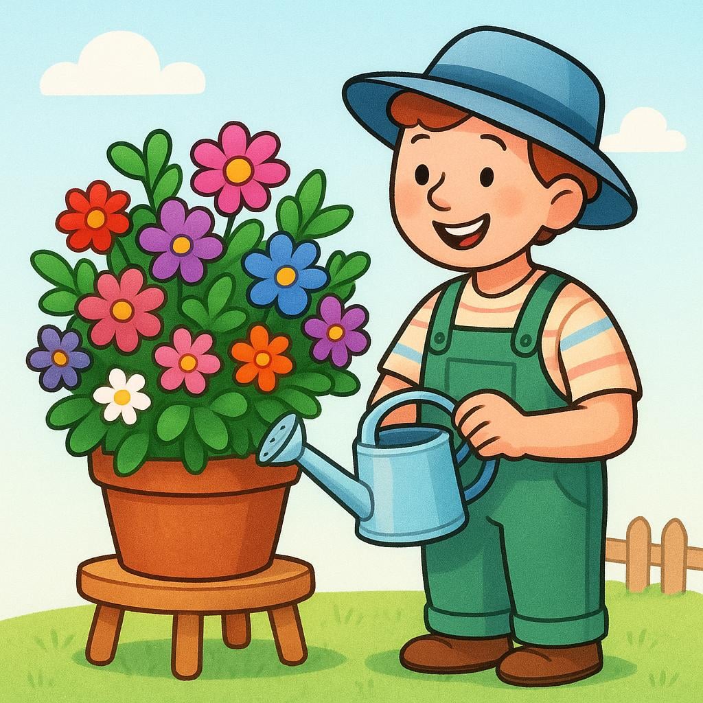 A smiling gardener holding a small watering can, looking proudly at a large, flourishing potted plant filled with vibrant, colorful flowers.