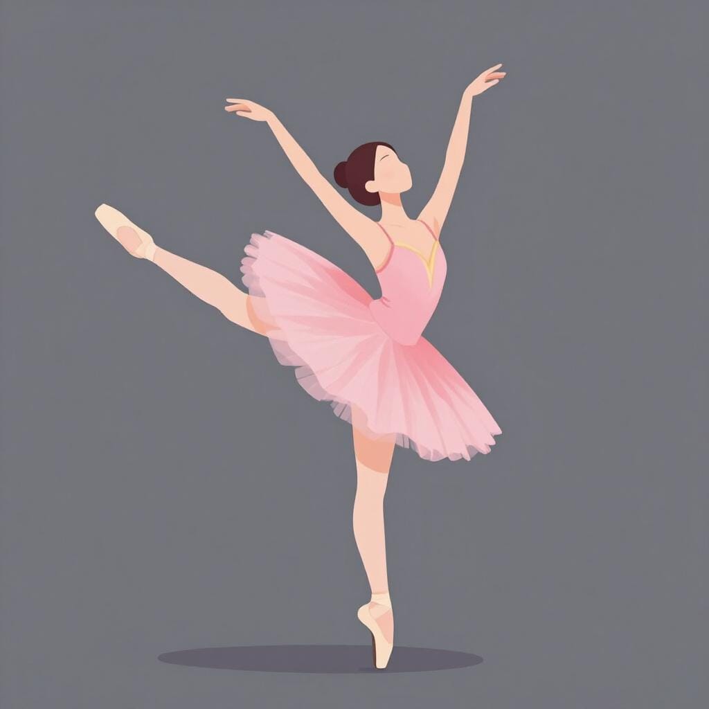 En delikat illustration av en balettdansare som utför en elegant, balanserad pose, med betoning på grace och flytande rörelse.