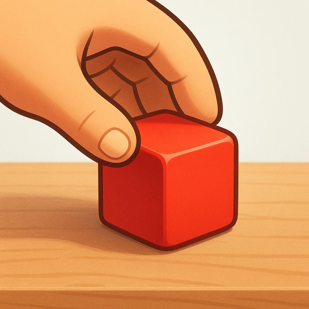 A cartoon hand placing a bright red block onto a sturdy wooden shelf, illustrating the act of physically placing an object.